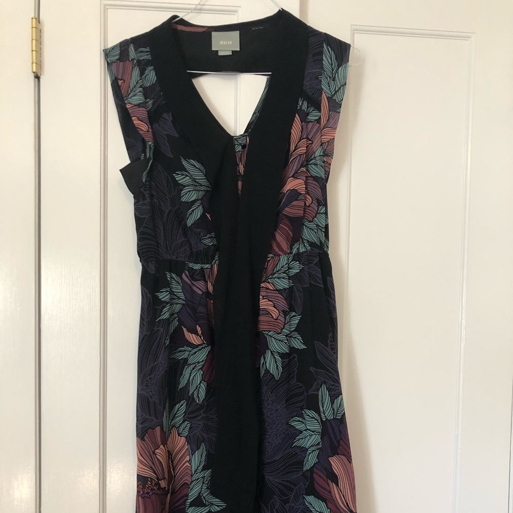 Anthropologie Black Midi Dress with Teal and Mauve Floral Accents